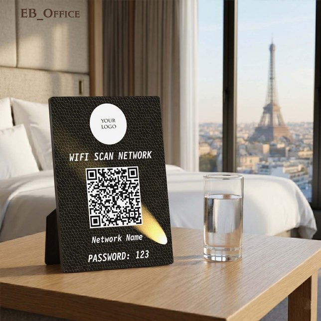 Elegantes schwarzes Leder Gold-Scheinwerfer QR-Cod Fotoplatte (Luxury QR Code Wi-fi Tabletop Sign
& Logo
•	Black Leather pattern
•	5” x 7”
)