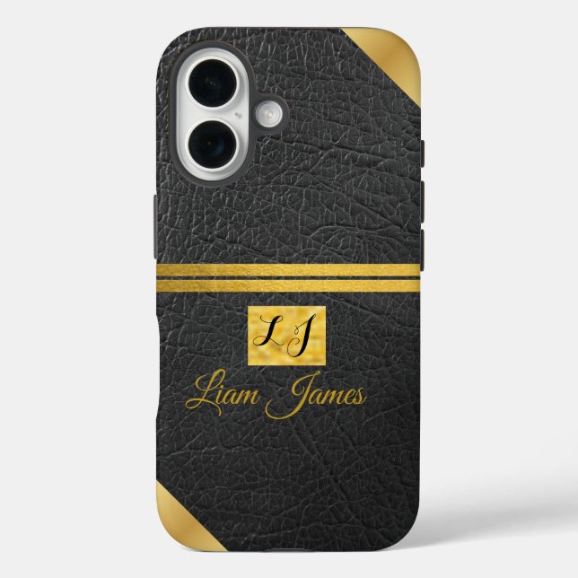 Elegantes schwarzes Leder goldenes Monogramm benut Case-Mate iPhone Hülle (Rückseite)