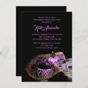 Elegantes Schwarzes Lila Sweet 16 Masquerade Party Einladung