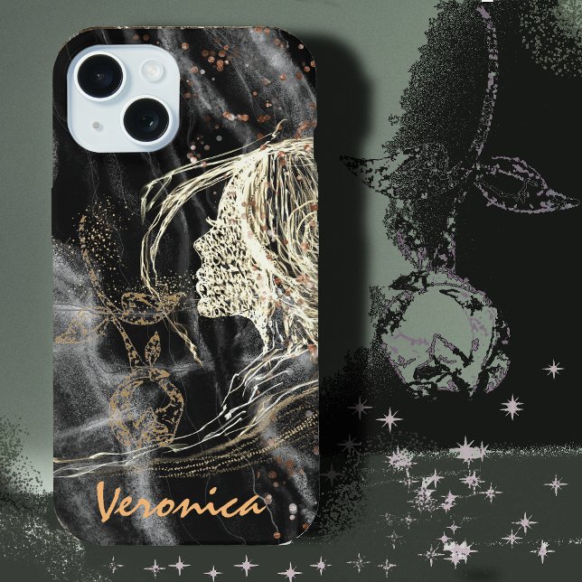 Elegantes Schwarzes Marmor Frauenprofil iPhone 15 Hülle (Elegant Black Marble iPhone 15 Case)