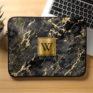Elegantes schwarzes Marmor-Gold gebürstetes Metall Laptopschutzhülle