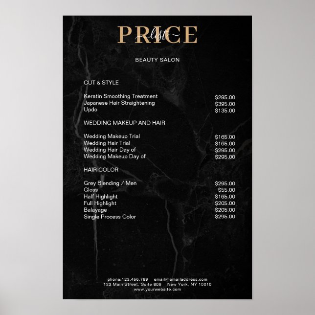 Elegantes Schwarzes Marmor Preisliste Poster (Vorne)