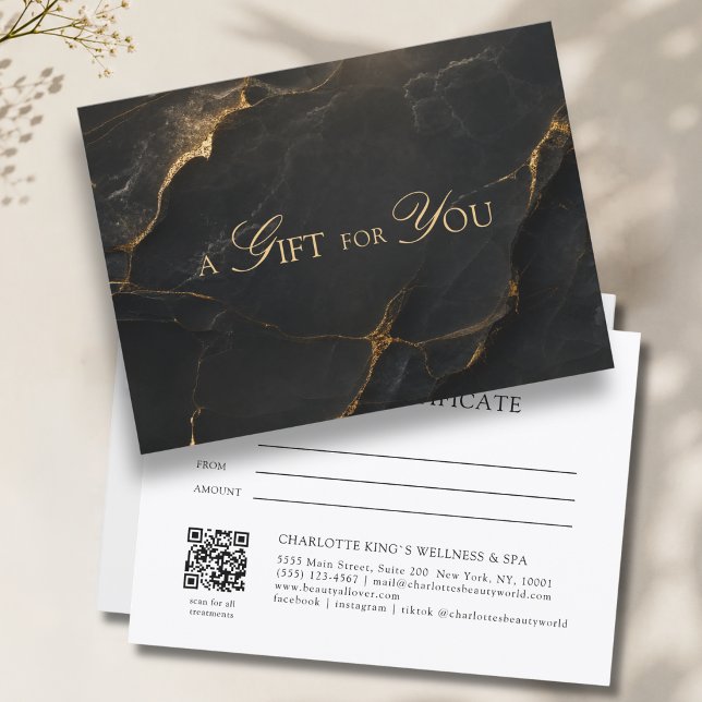 Elegantes schwarzes Marmor-QR-Code-Geschenkzertifi (A Gift for You! Black Gold Marble QR Code Gift Certificate)