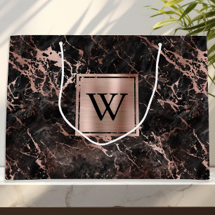 Elegantes Schwarzes Marmor Rose Gold Monogramm Große Geschenktüte