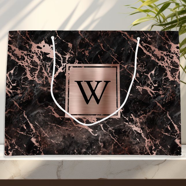 Elegantes Schwarzes Marmor Rose Gold Monogramm Große Geschenktüte (Von Creator hochgeladen)