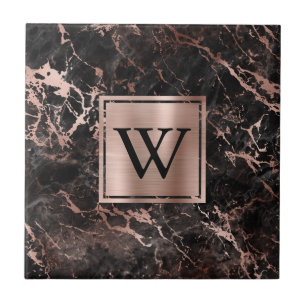 Elegantes schwarzes Marmor-Roségold-Monogramm Fliese