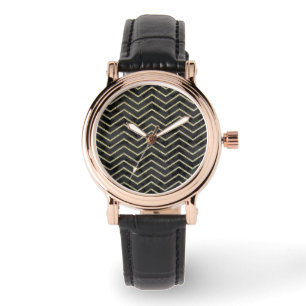 Elegantes schwarzes Marmor- und Gold-Chevron-Armba Armbanduhr