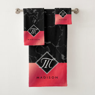 Elegantes Schwarzes Marmor- und Rosé-Rosé-Foil-Mon Badhandtuch Set