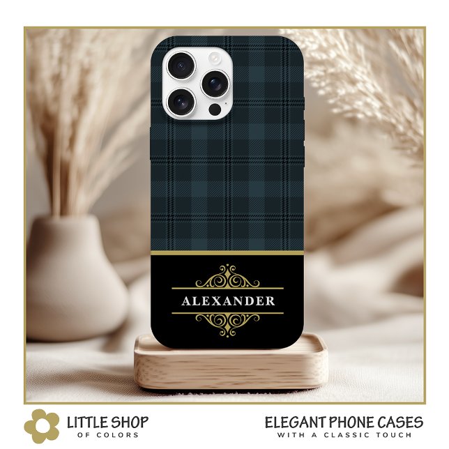 Elegantes Schwarzes Monogramm Grau Kariert Case-Mate iPhone Hülle (Von Creator hochgeladen)