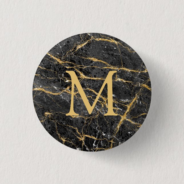 Elegantes schwarzes Monogramm mit Goldmarmor Button (Vorderseite)