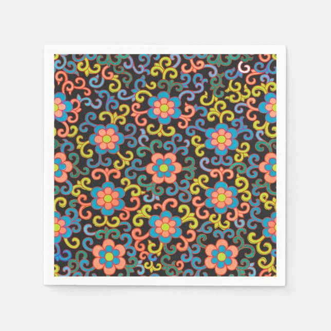 Elegantes schwarzes Muster mit farbenfrohen Blumen Serviette (Vorderseite)