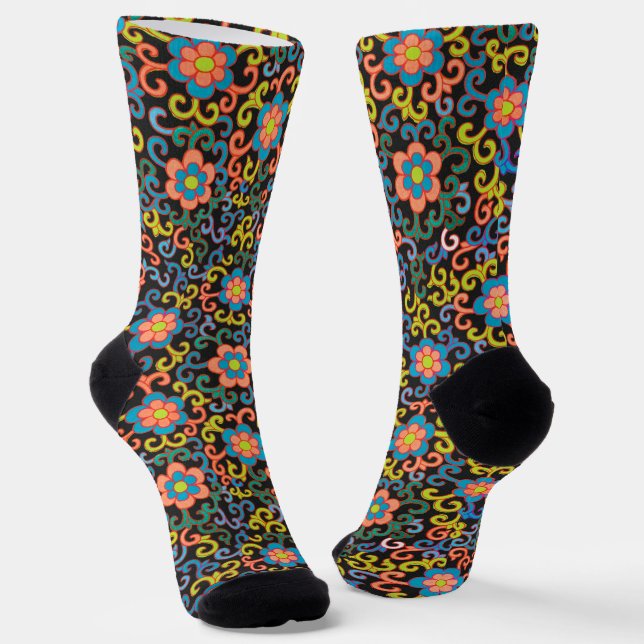 Elegantes schwarzes Muster mit farbenfrohen Blumen Socken (Gewinkelt)