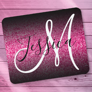 Elegantes schwarzes Ombre-Hot-Pink-Glitter-Monogra Mousepad
