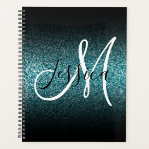 Elegantes schwarzes Ombre-Teal-Glitter-Monogramm Planer