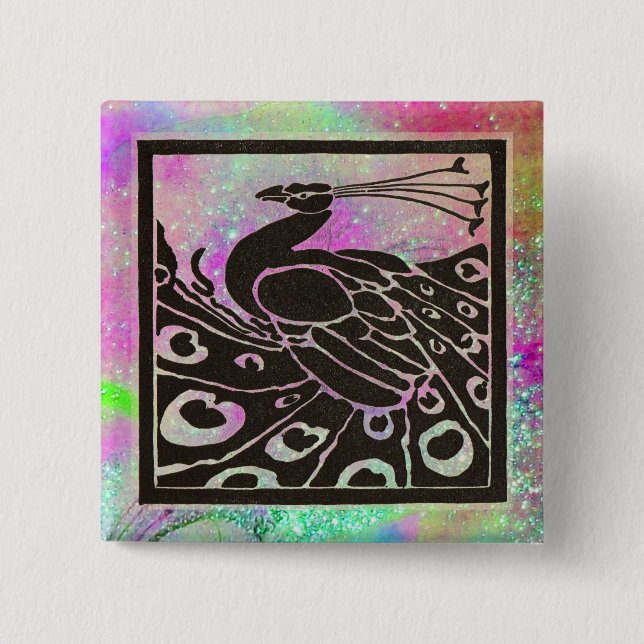 ELEGANTES SCHWARZES PEACOCK IN LILA BLAUE GLITZERN BUTTON (Vorderseite)