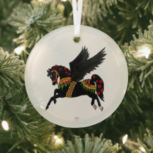 Elegantes schwarzes Pegasus-Vintage-Karussellpferd Ornament Aus Glas