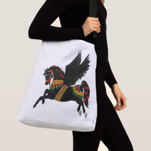 Elegantes schwarzes Pegasus-Vintage-Karussellpferd Tragetaschen Mit Langen Trägern