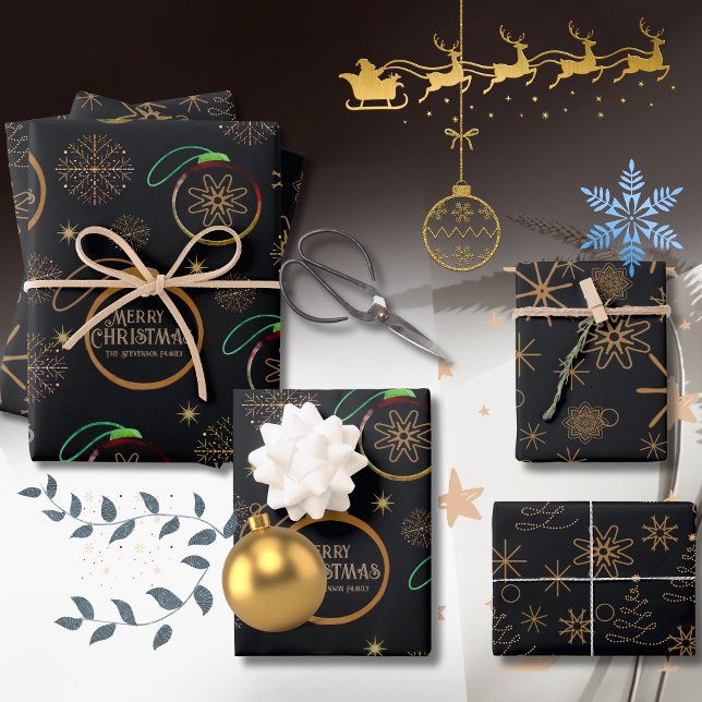 Elegantes Schwarzes & Personalisiertes Weihnachtsf Geschenkpapier Set (Elegant Black & Gold Personalized Christmas Wrapping Paper Sheets)