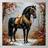 Elegantes Schwarzes Pferd im Golden Tackle