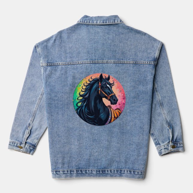 Elegantes Schwarzes Pferd mit lebendigem Hintergru Jeansjacke (Rückseite)