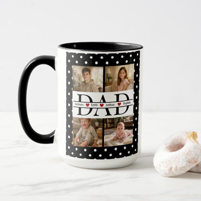 Elegantes schwarzes Punkte-4-Foto-Dad-Geschenk Tasse (Mit Donut)