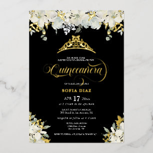 Elegantes Schwarzes Quinceañera-Blumengold Folieneinladung