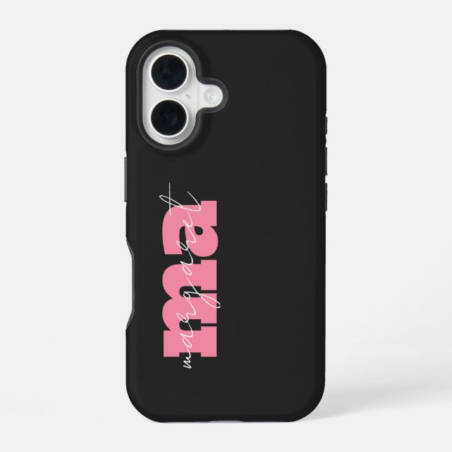 Elegantes schwarzes rosa Monogramm Initialskript N iPhone 16 Hülle (Rückseite)