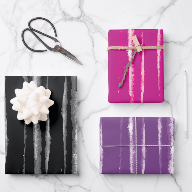 Elegantes schwarzes, rosa und Lila Aquarellpapier Geschenkpapier Set (Vorderseite)