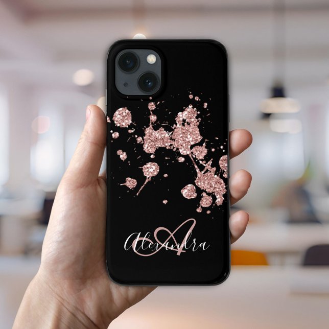 Elegantes Schwarzes Rose Gold Glitzer Glitzern Mon Case-Mate iPhone Hülle (Elegant Black Rose Gold Glitter Sparkles Monogram Case-Mate iPhone Case)