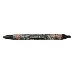 Elegantes Schwarzes Rotes Floral Monogramm Kugelschreiber
