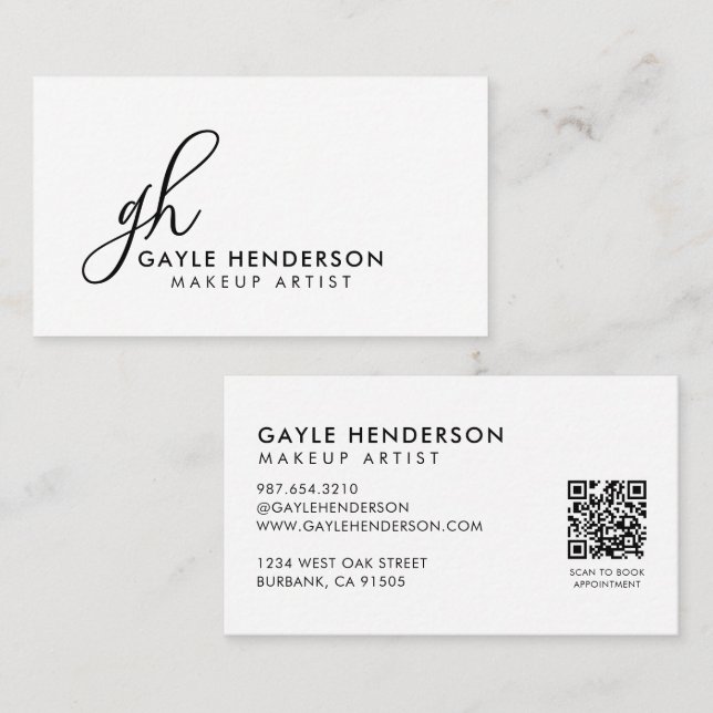 Elegantes schwarzes Schriftzug QR-Code Monogramm M Visitenkarte (Vorne/Hinten)