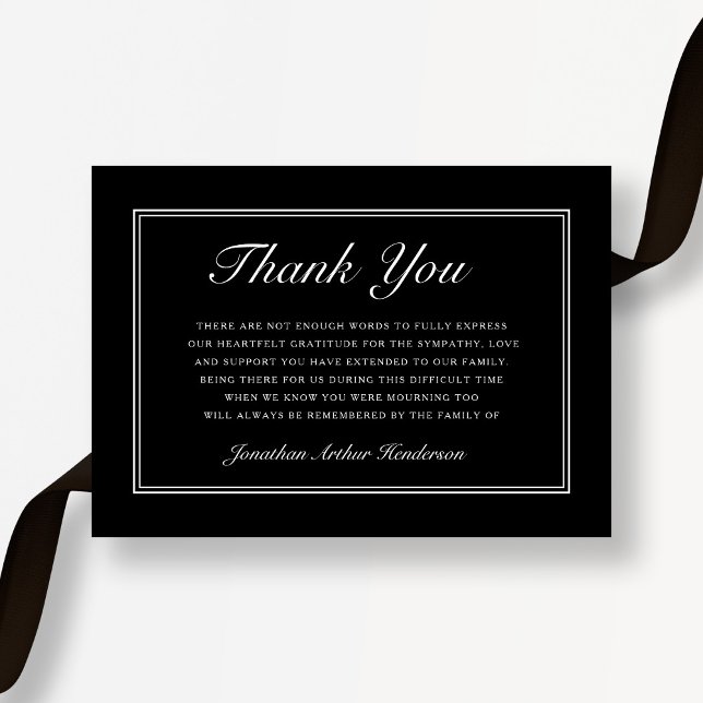 Elegantes Schwarzes Script Beileid Beerdigung Dankeskarte (Elegant Black Script Sympathy Funeral Thank You Card)