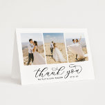 Elegantes Schwarzes Script Personalisiert 3 Foto H Dankeskarte<br><div class="desc">Geklappte horizontale Hochzeitskarten mit einem eleganten und stilvollen schwarzen Kalligraphieskript "Danke" Text mit scrollenden Schnörkeln. Personalisieren Sie die Vorderseite mit 3 beliebten Portrait-Fotos der Braut und Bräutigam,  sowie ein einfaches serifenes Monogramm der Pärchennamen. Die Innenseite der Karte enthält eine benutzerdefinierte Danksagung. Beachten Sie,  dass das Schwarz-Weiß-Farbschema geändert werden kann.</div>