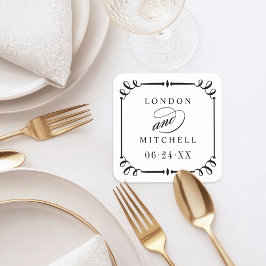 Elegantes Schwarzes Scroll Frame Custom Wedding Mo Rechteckiger Pappuntersetzer