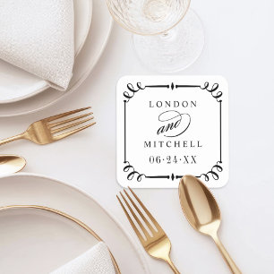 Elegantes Schwarzes Scroll Frame Custom Wedding Mo Rechteckiger Pappuntersetzer