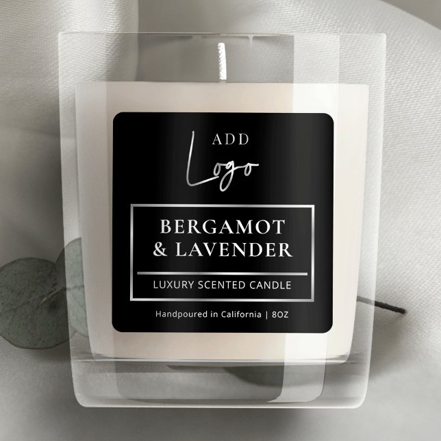 Elegantes, schwarzes Silber-Logo-Kronleuchte-Jar-P Quadratischer Aufkleber (Elegant square product label with faux silver effects and your brand logo)