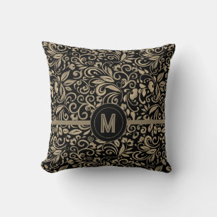 Elegantes schwarzes silbernes florales Monogramm Kissen