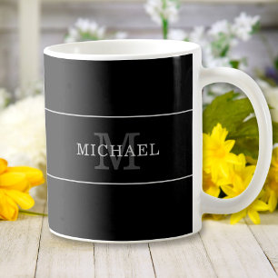 Elegantes schwarzes silbernes Monogramm Name Perso Kaffeetasse