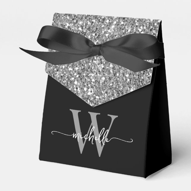 Elegantes Schwarzes Silver Glitzer Monogram Name S Geschenkschachtel (Vorderseite)