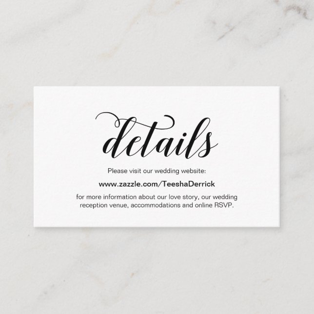 Elegantes schwarzes Skript, Angaben zur Hochzeitss Begleitkarte (Vorderseite)