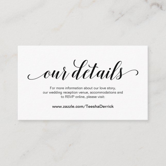 Elegantes Schwarzes Skript, Hochzeitdetails, Onlin Begleitkarte (Vorderseite)