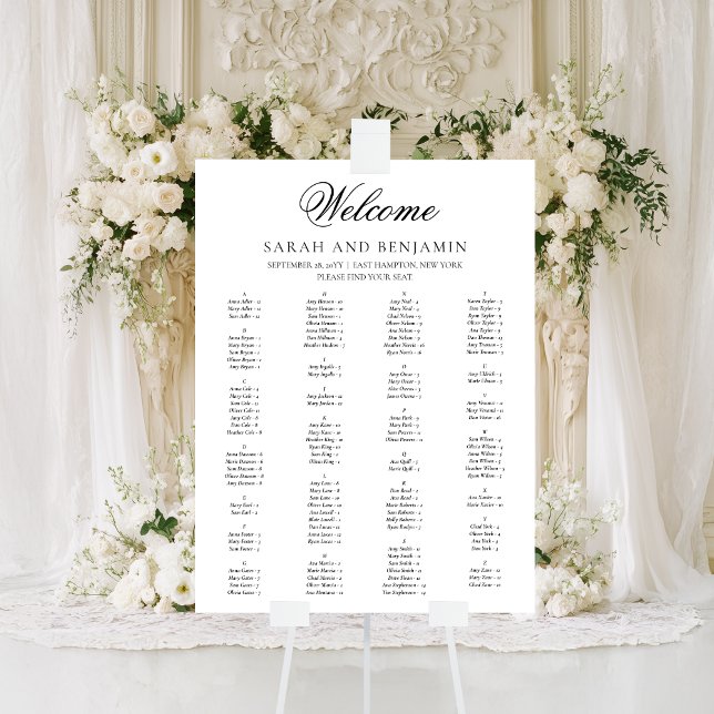 Elegantes Schwarzes Skript-Minimal-Hochzeitssticht Poster (This elegant wedding seating chart leaves plenty of space for guest names.)