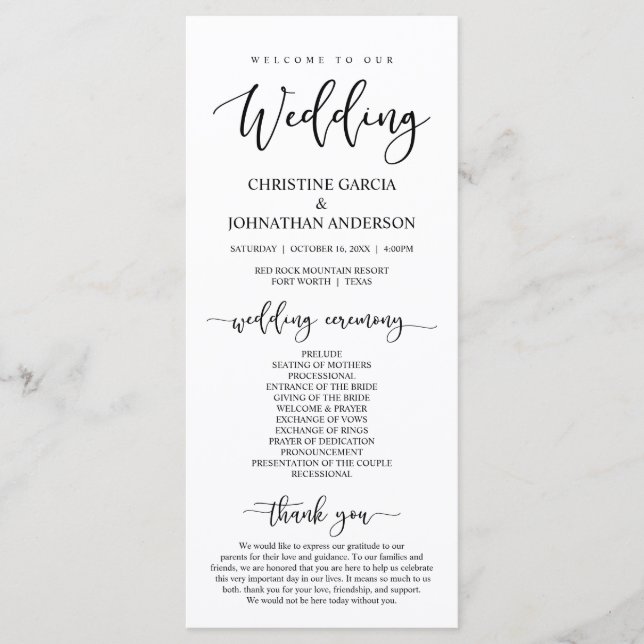 Elegantes schwarzes Skript, Unsere Hochzeitfeier Programm (Vorderseite)