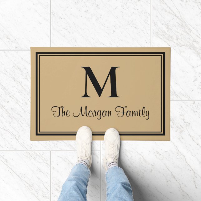 Elegantes Schwarzes Tan-Doppelgrenzenmonogramm Fußmatte (Indoor)