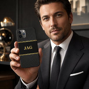 Elegantes schwarzes Textur-Monogramm mit Gold Case-Mate iPhone Hülle