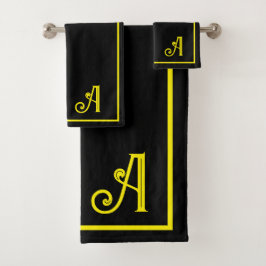 Elegantes schwarzes und gelbes Monogramm   Badhandtuch Set