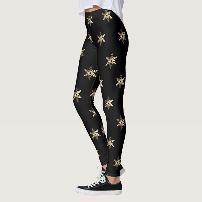 Elegantes Schwarzes und Gold Snowflake Muster Weih Leggings (Links)