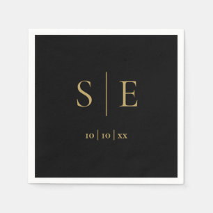 Elegantes schwarzes und goldenes Monogramm-Datum M Serviette