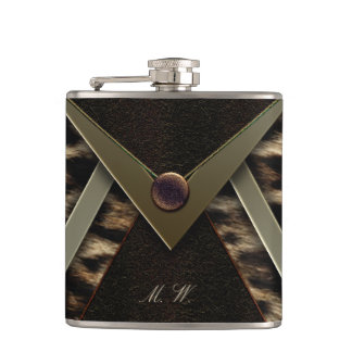 Elegantes schwarzes und goldenes Monogramm Leopard Flachmann