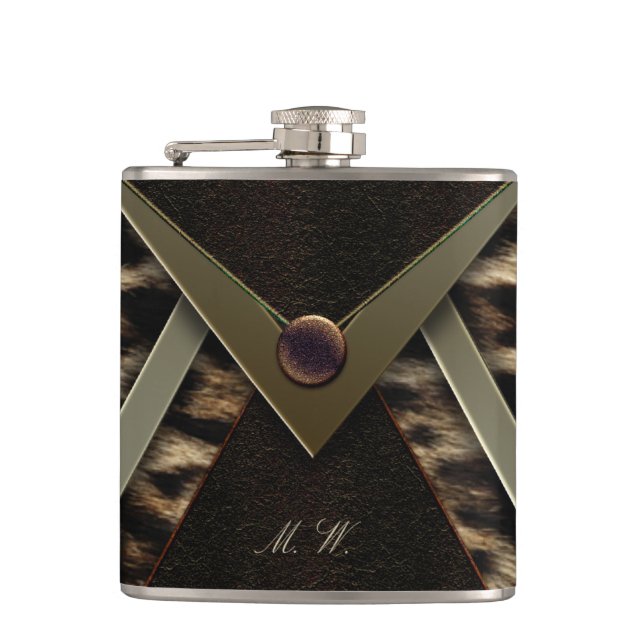 Elegantes schwarzes und goldenes Monogramm Leopard Flachmann (Vorderseite)